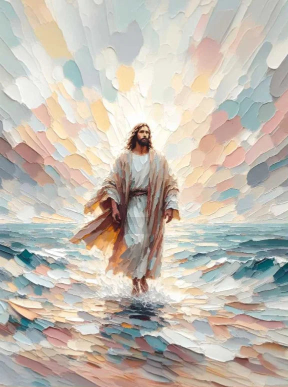 A relief sculpture depicting Jesus standing in the water with a radiant light behind him.