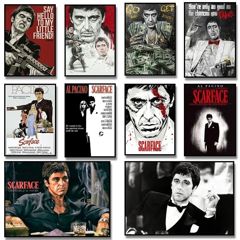 Collection deโปsters et images de films Scarface avec des expressions faciales intenses et un éclairage dramatique.