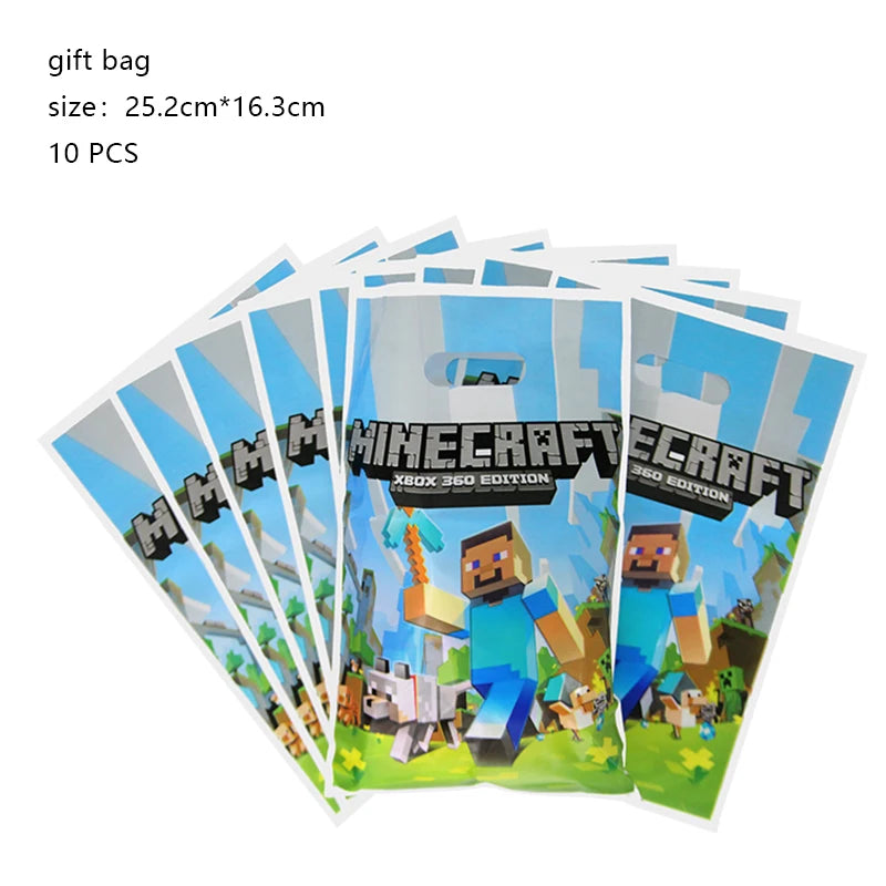 A pack of 10 gift bags for a Minecraft theme party decoration kit featuring characters and graphics.
