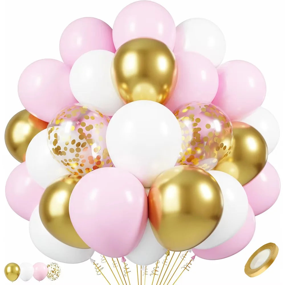 A cluster of pastel pink and white latex balloons with metallic gold confetti accents.