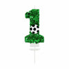 Green glitter number 1 candle decorated with a soccer ball design for a birthday theme