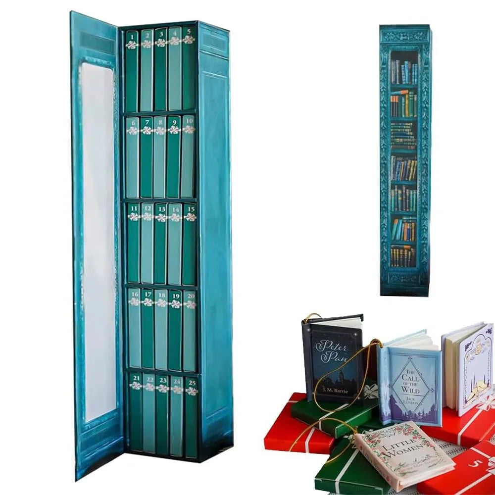 A vertical teal advent calendar box displaying 24 numbered compartments for a book-themed holiday calendar.