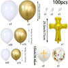 A set of white and gold balloons for a first communion theme including various sizes and decorative crosses.