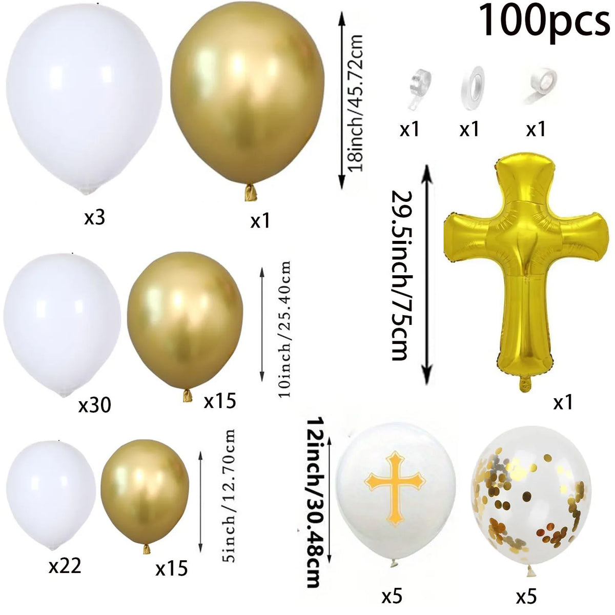 A set of white and gold balloons for a first communion theme including various sizes and decorative crosses.