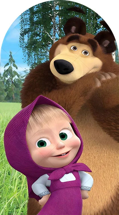 A cute girl wearing a purple hood is pictured next to a large brown bear.