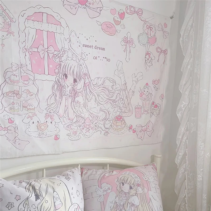 Kawaii cartoon tapestry wall hanging featuring a girl with long pink hair and sweet dream theme for bedroom decor