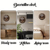 A set of decorative coffee-themed wooden silent wall clocks displayed in a study room, kitchen, and living room setting.
