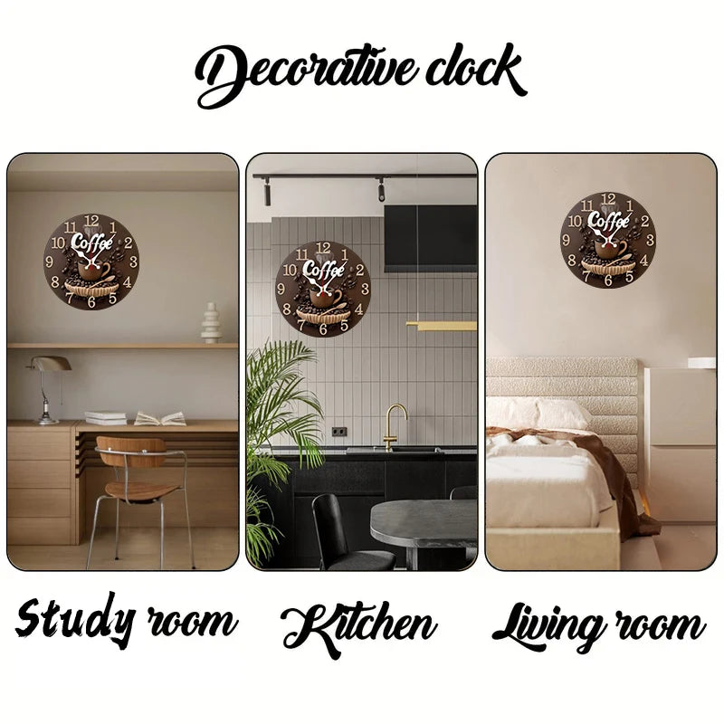 A set of decorative coffee-themed wooden silent wall clocks displayed in a study room, kitchen, and living room setting.
