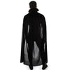 A black hooded cape displayed on a mannequin, shown from the back.