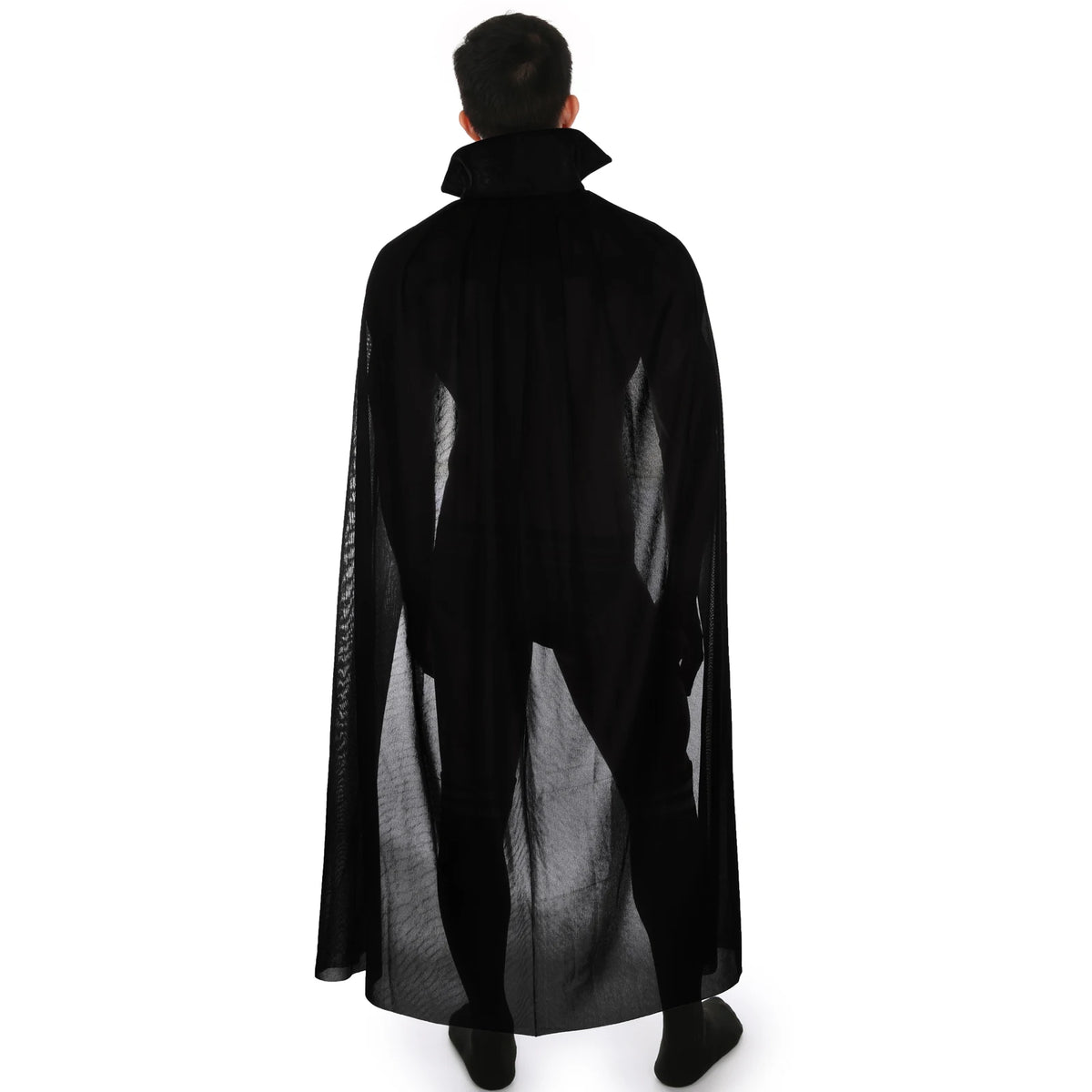 A black hooded cape displayed on a mannequin, shown from the back.