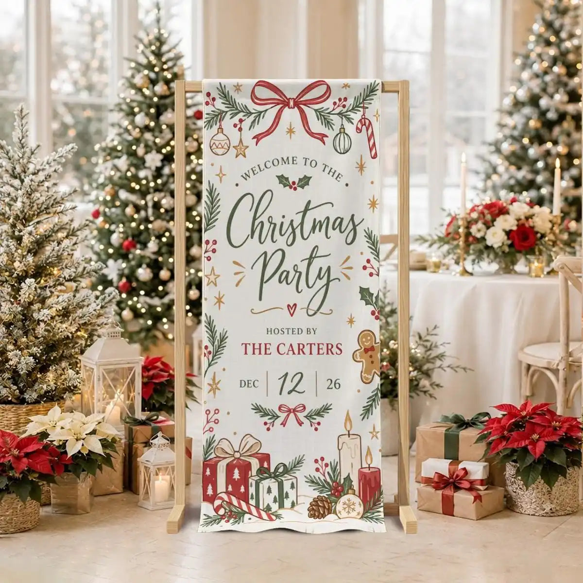 A vertical linen banner for a Christmas party featuring festive greenery and a red bow with the text Welcome to the Christmas