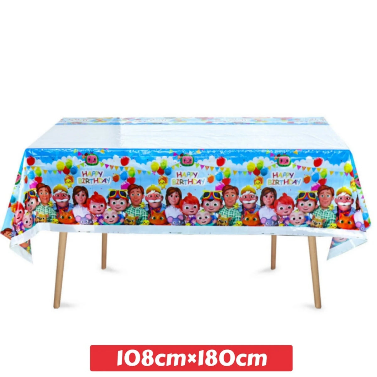 A colorful party tablecloth featuring characters and balloons for a Cocomelon themed celebration.