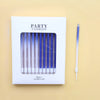 A set of 24 blue candles packaged in a white box labeled Party Candles
