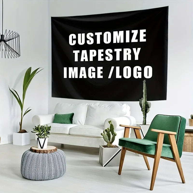 A black tapestry featuring white text that reads Customize Tapestry Image/Logo displayed in a modern living room setting.