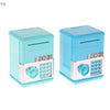 A light blue plastic piggy bank with a keypad and coin slot, designed for children.