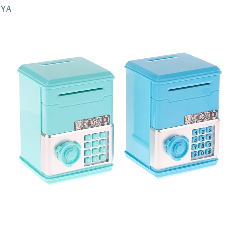 A light blue plastic piggy bank with a keypad and coin slot, designed for children.