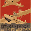 Retro movie poster art featuring a vintage airplane silhouette against a red background and text about New York Municipal Air