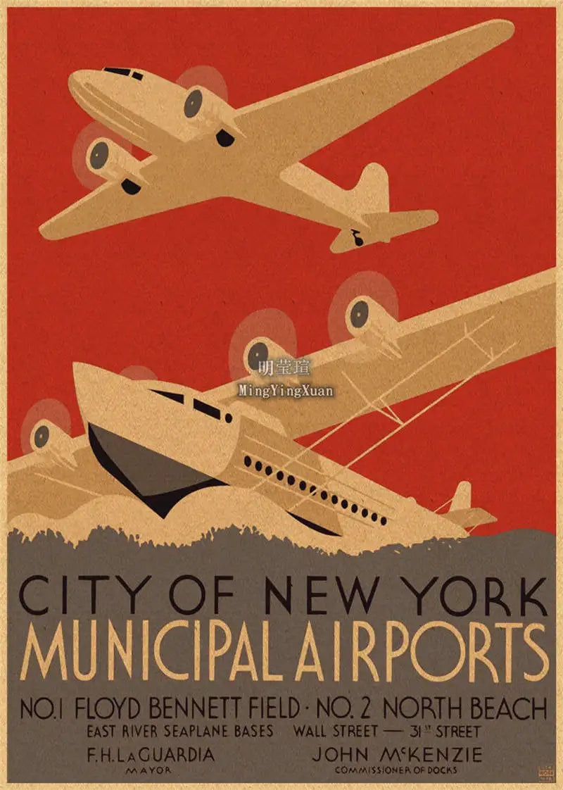Retro movie poster art featuring a vintage airplane silhouette against a red background and text about New York Municipal Air