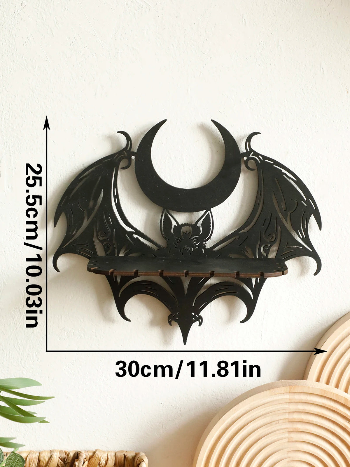 Black gothic bat and moon floating wall decor silhouette with measurements