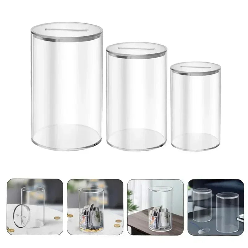 Clear acrylic piggy bank with a lid, shown in various angles and contexts.