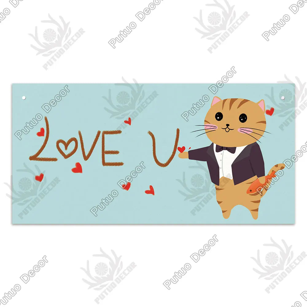 A cute orange tabby cat looking at the viewer with a brown paw, surrounded by the text LOVE U