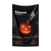 A black flag featuring a carved jack-o'-lantern face and text for Halloween decor.