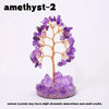A amethyst crystal tree featuring purple crystals branching out from a base on a white background.