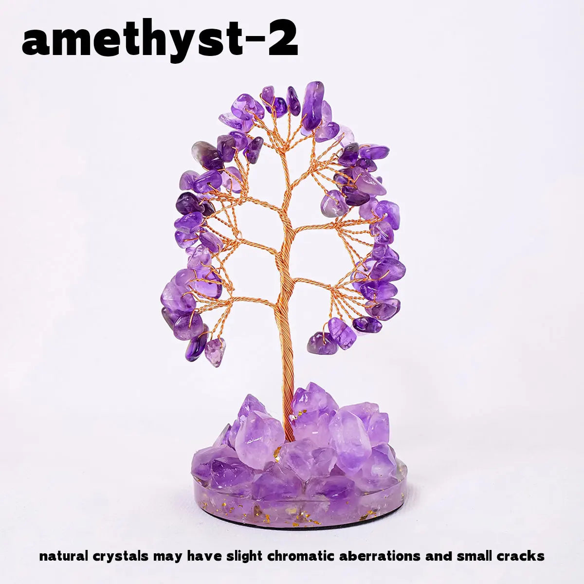 A amethyst crystal tree featuring purple crystals branching out from a base on a white background.