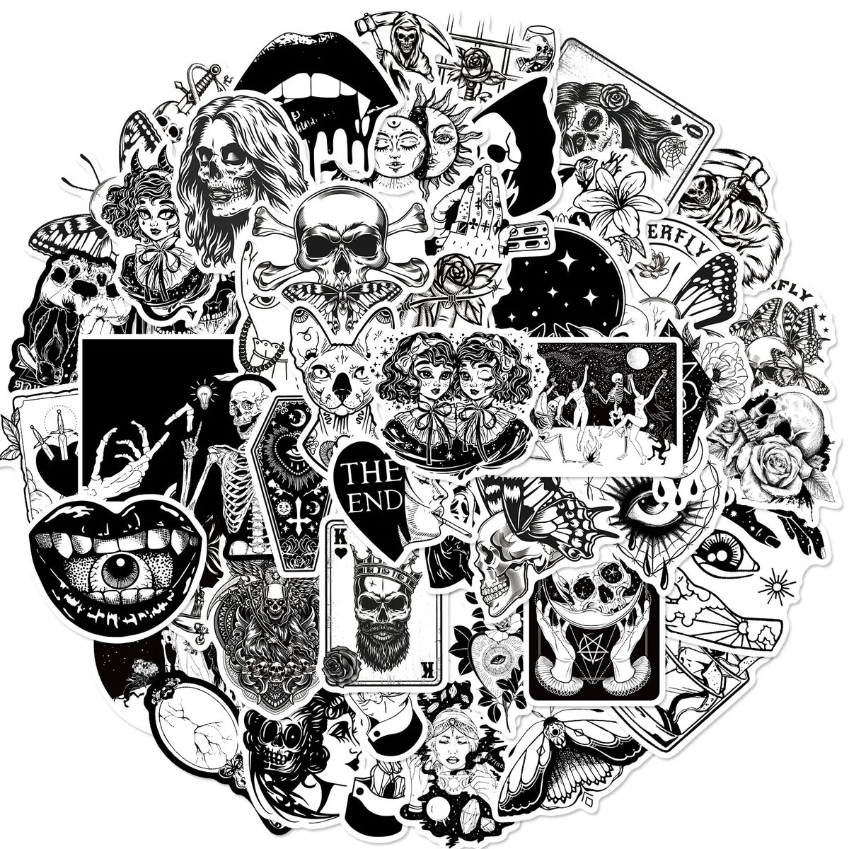 Collection d'autocollants vinyles gothiques noir et blanc avec crânes, démons et images sombres.