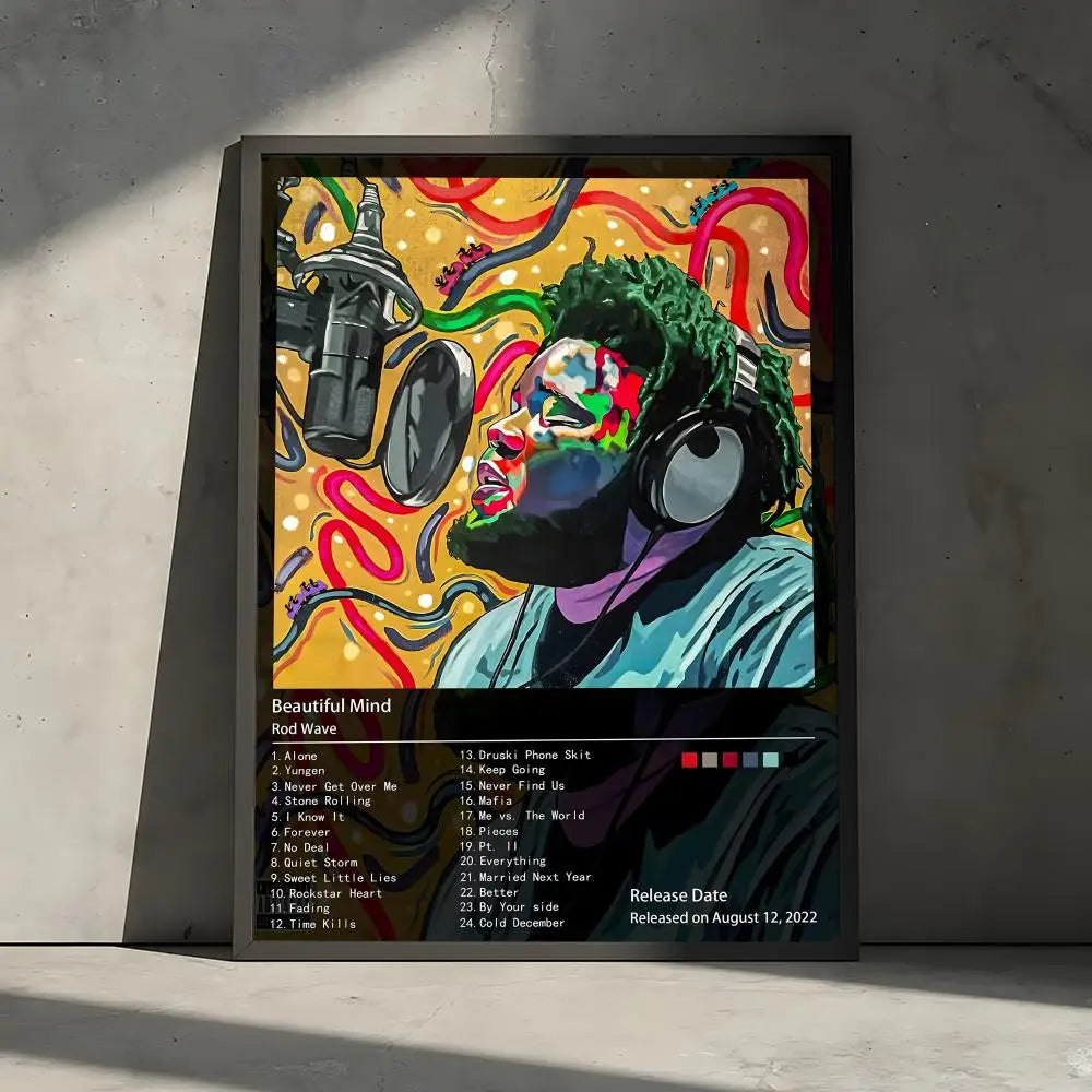A vibrant poster featuring a rapper with headphones and colorful abstract lines, displayed on a gray wall.