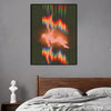 Abstract wall art featuring vibrant, vertical light streaks in rainbow colors against a dark background.