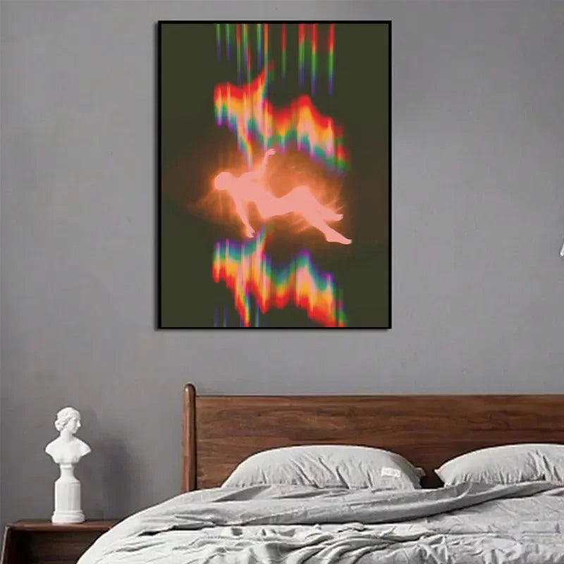 Abstract wall art featuring vibrant, vertical light streaks in rainbow colors against a dark background.