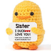 Handmade yellow knitted duck plush toy with an inspirational card that reads Sister I DUCK LOVE YOU