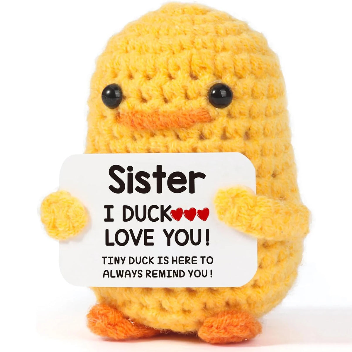 Handmade yellow knitted duck plush toy with an inspirational card that reads Sister I DUCK LOVE YOU