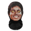 A realistic full-face cosplay mask featuring a smiling face with bright yellow eyes.