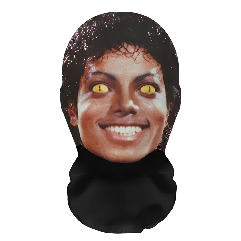 A realistic full-face cosplay mask featuring a smiling face with bright yellow eyes.