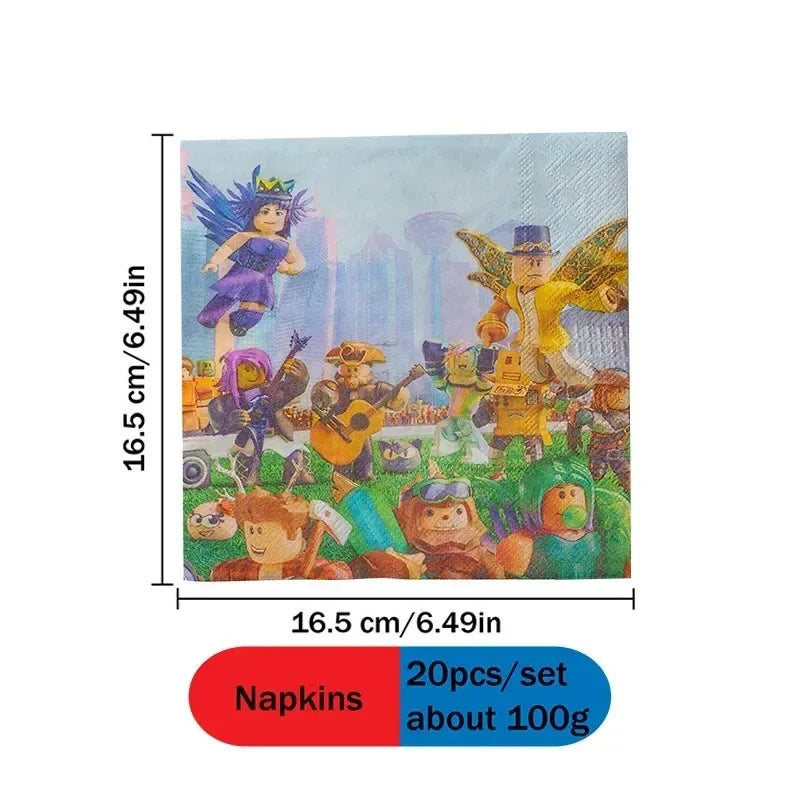 A set of complete robot-themed disposable party supplies including food items and decorations.