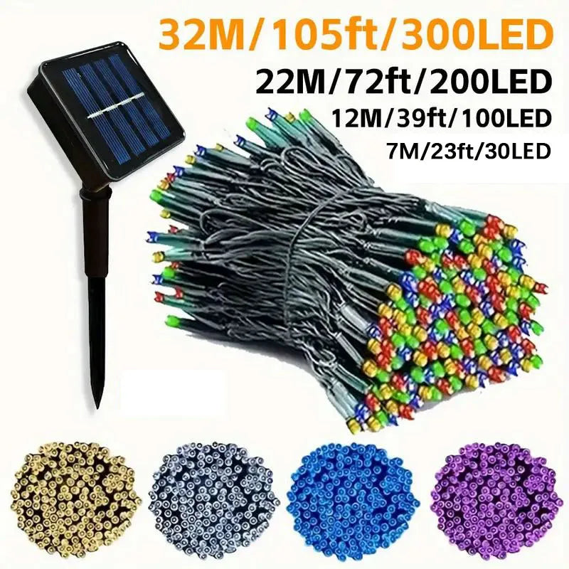 A collection of solar-powered LED string lights in various colors and lengths, including a light stick and multiple strands.