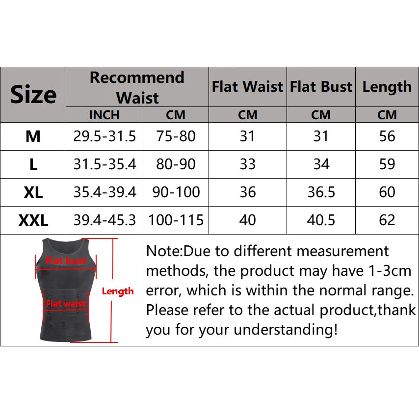 A size chart for a men's seamless compression tank top showing measurements in inches and centimeters.