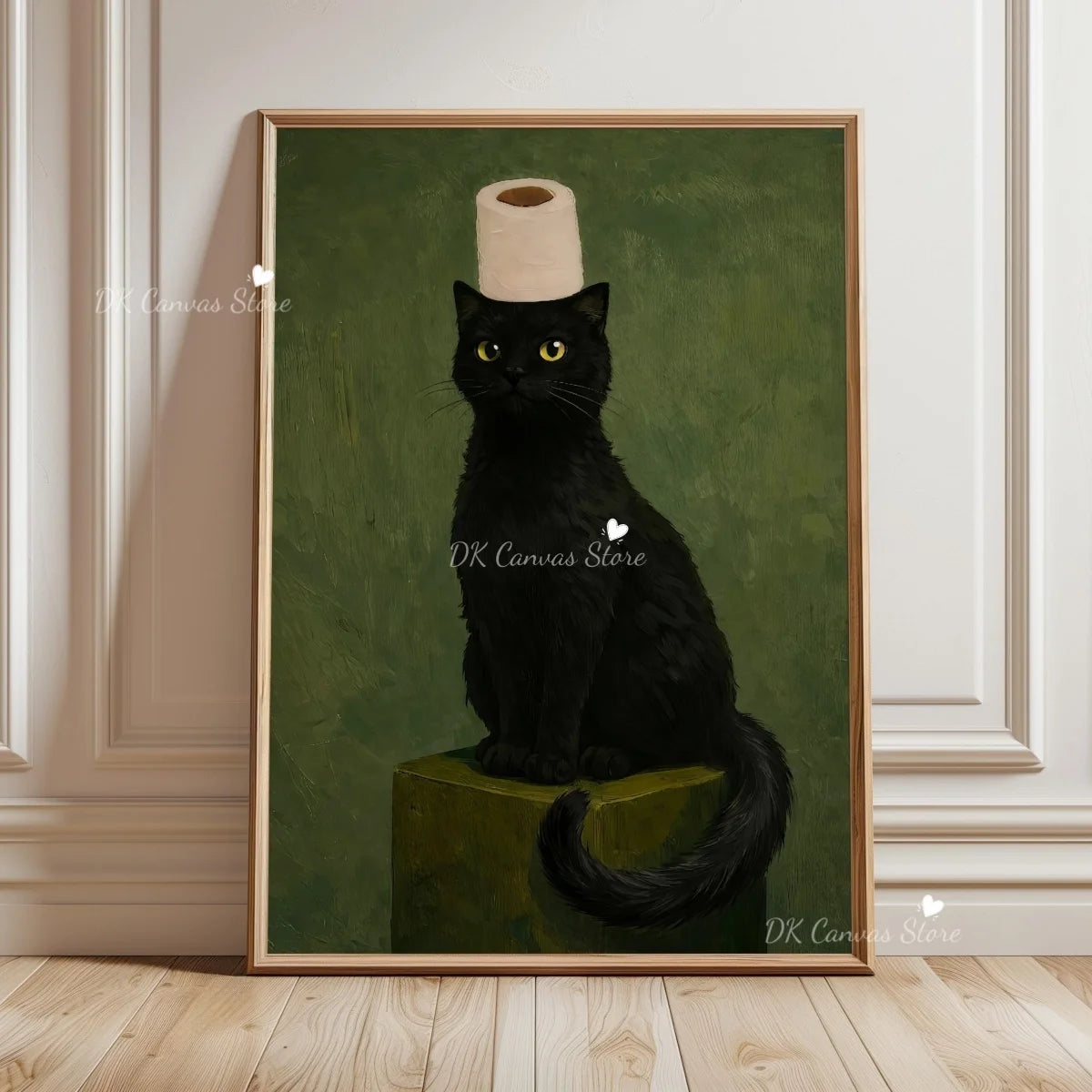 A framed painting of a black cat sitting on a green pedestal against a dark olive background.