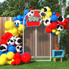 A balloon garland arch kit featuring black and white and solid colored balloons in red, yellow, and blue surrounding a wooden