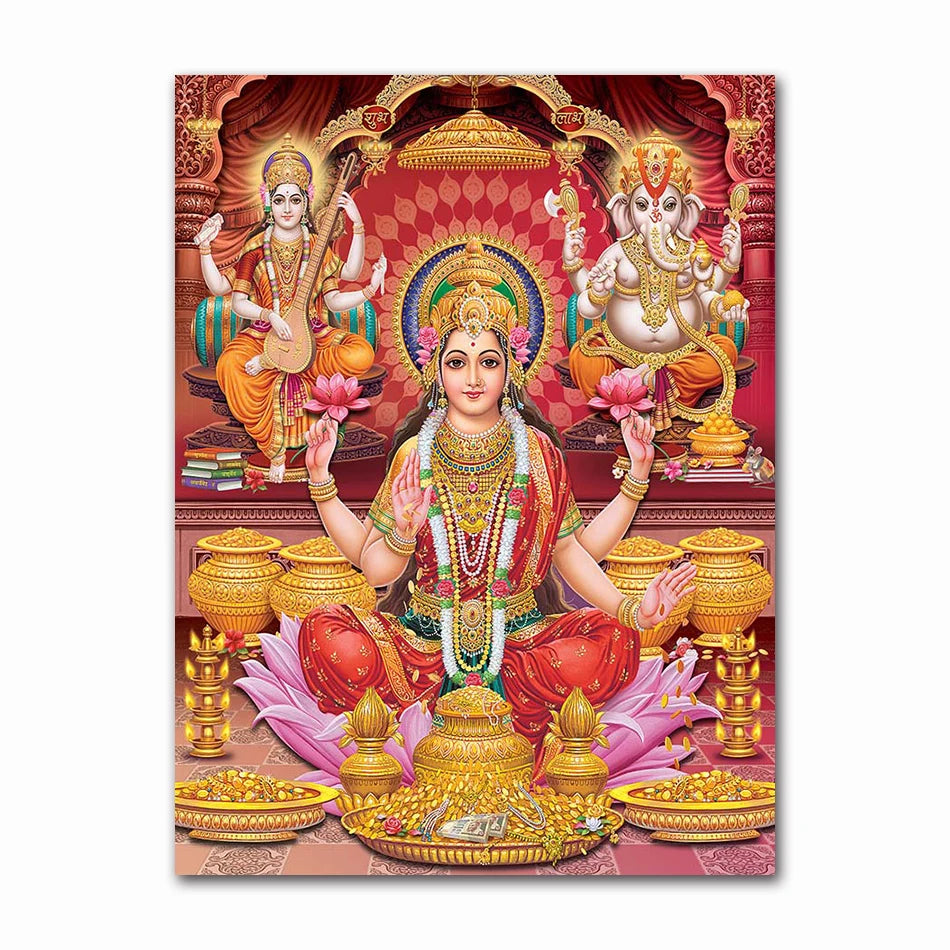 A canvas art print depicting Goddess Parvati, Lord Shiva, and Ganesha in a vibrant traditional style.