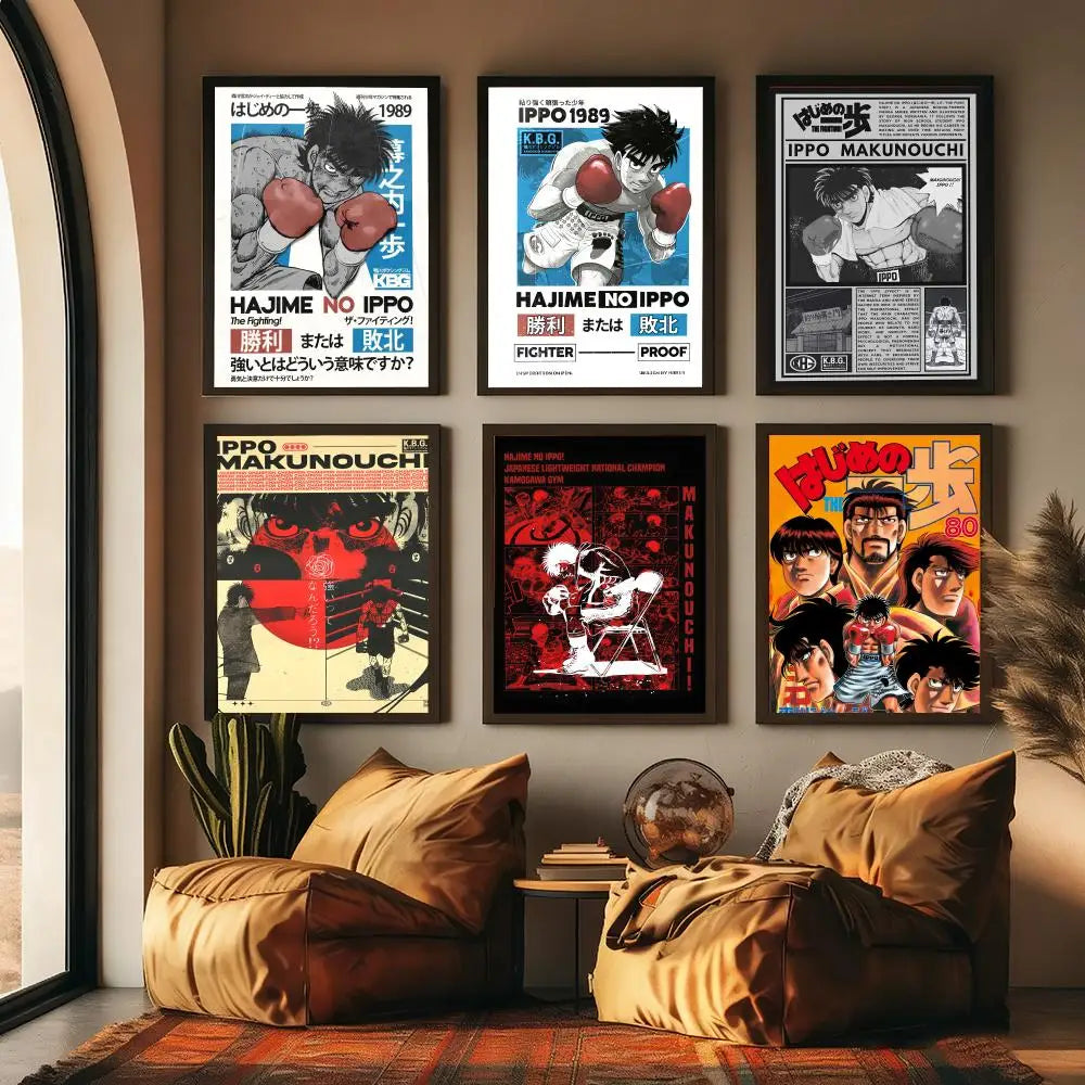 A collection of nine framed comic art posters featuring the boxer Ippo from Hajime no Ippo