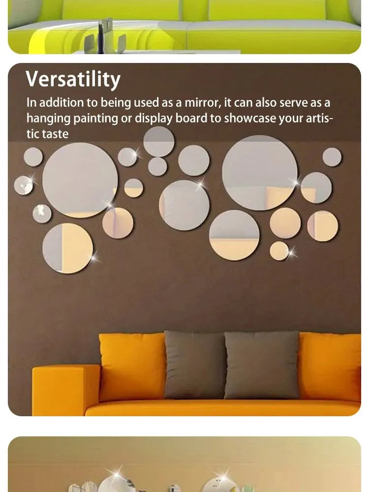 A wall decor set featuring a mirror and various circular acrylic discs used as hanging art or display boards.