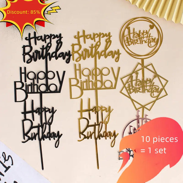 Un juego de 10 toppers de pastel de cumpleaños de acrílico dorado y plateado con diversos diseños