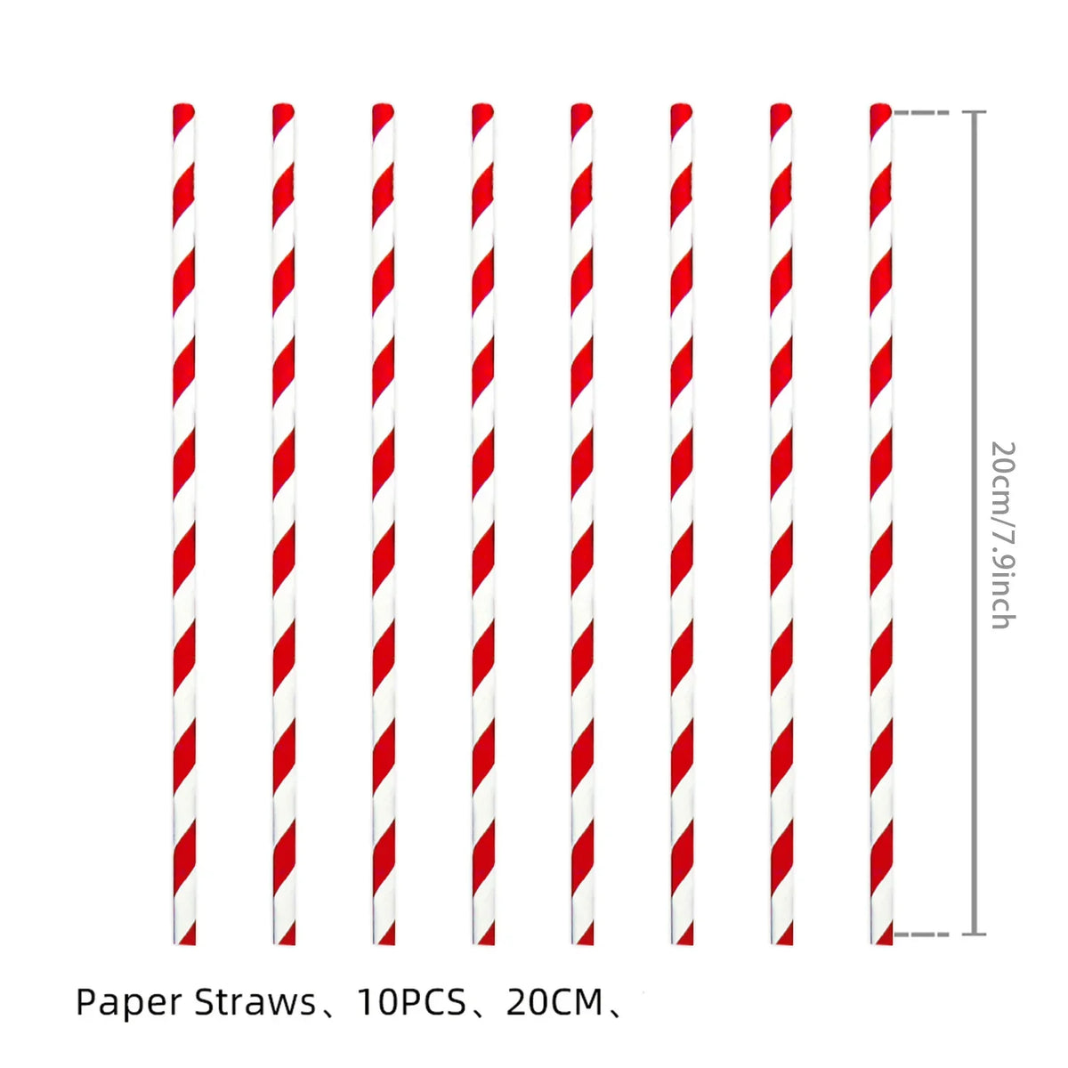 A set of ten red and white striped paper straws shown vertically with a measurement scale.