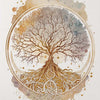 Watercolor illustration of a tree of life with intricate roots and Buddha motif in earthy tones.