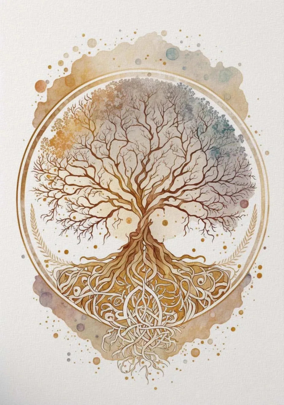 Watercolor illustration of a tree of life with intricate roots and Buddha motif in earthy tones.