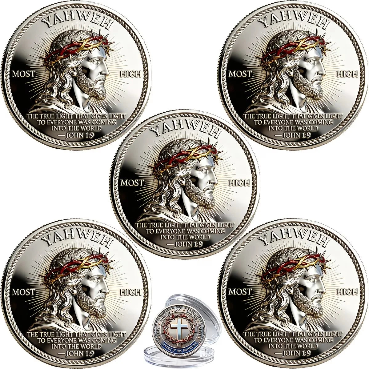 A collection of round challenge coins featuring a depiction of Jesus with a crown of thorns and the name Yahweh.