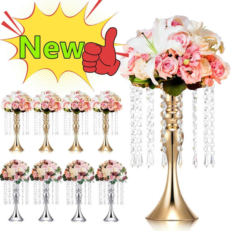 A gold crystal flower centerpiece stand with pink and white roses and hanging crystals.